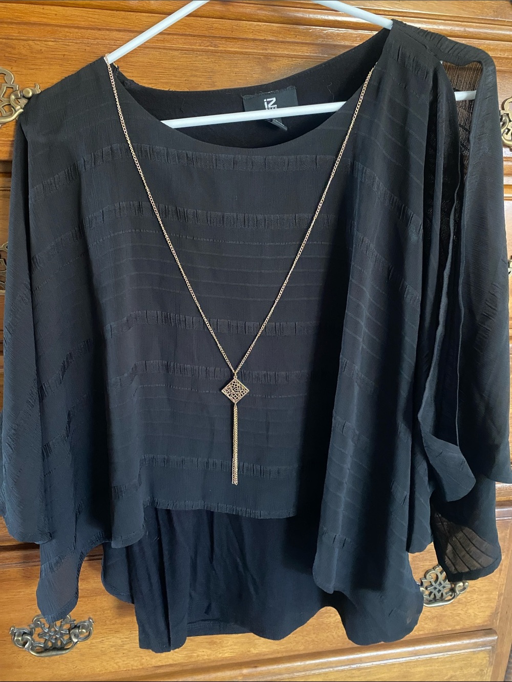 Iz Byer Black Layered Chiffon Blouse with Gold Pendant Detail